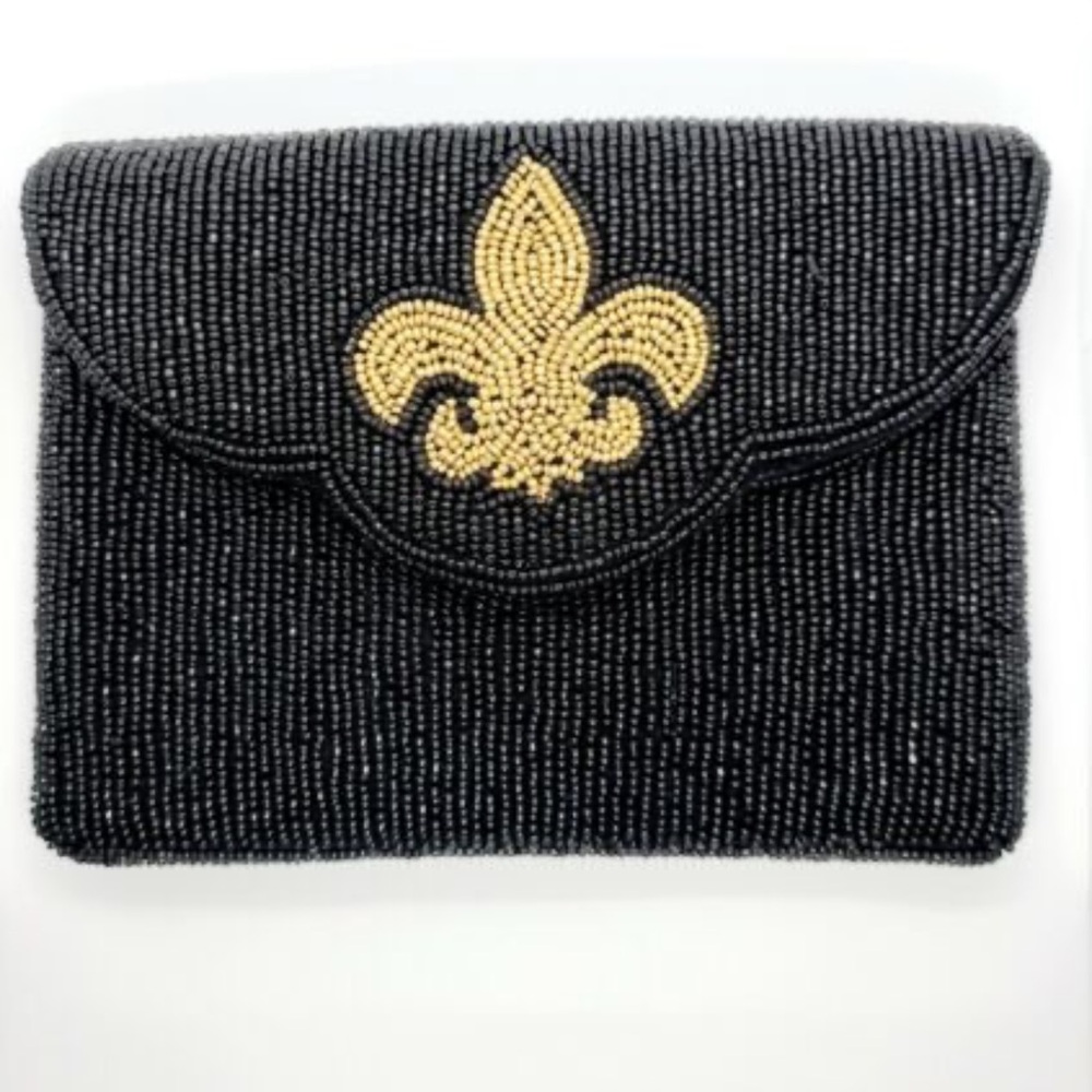 Black Beaded Clutch with Gold Fleur-de-Lis